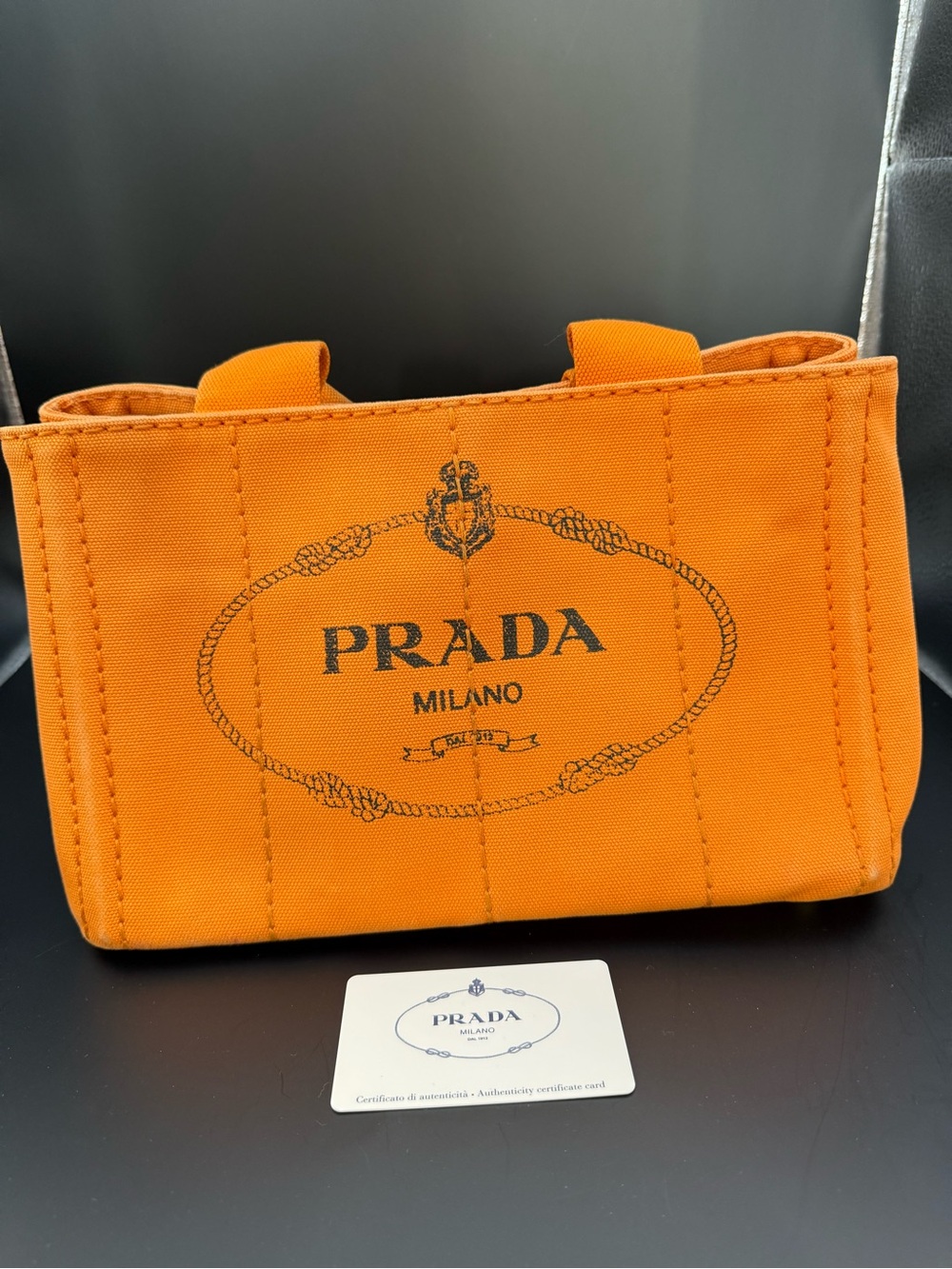 Prada Papaya Canvas Mini Tote with Printed Logo & authenticity card